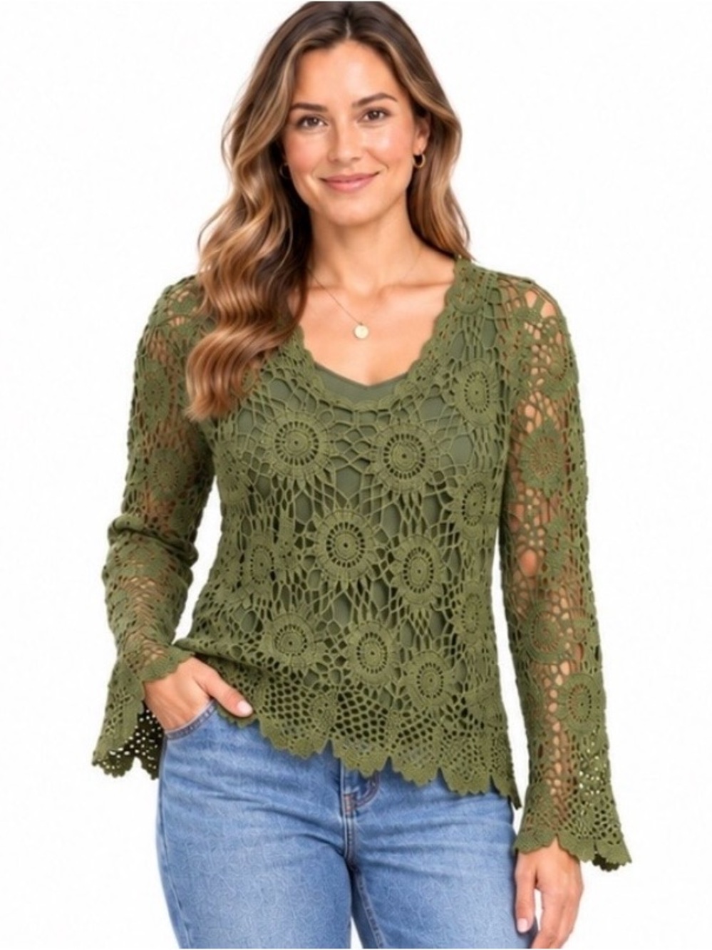 Vintage Joseph A Olive Green Crochet Floral Bell Sleeve Sweater Y2K Small Boho